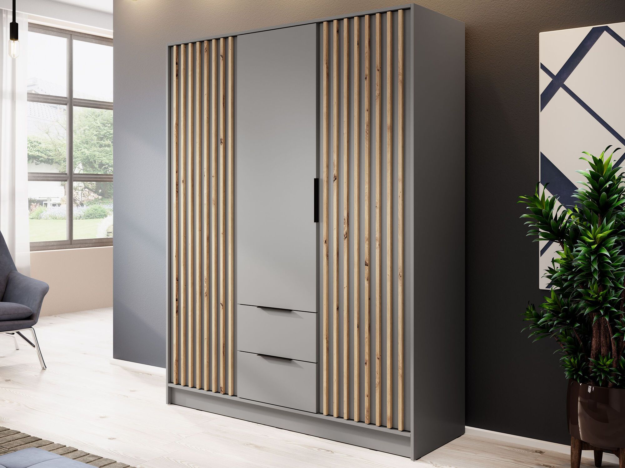 Armoire MELINDA 3 portes 2 tiroirs gris