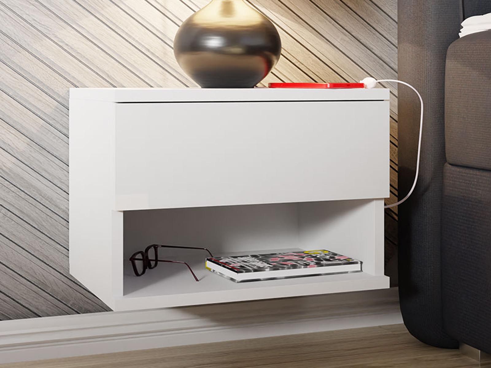 Chevet mural NECELA 1 tiroir blanc/blanc brillant