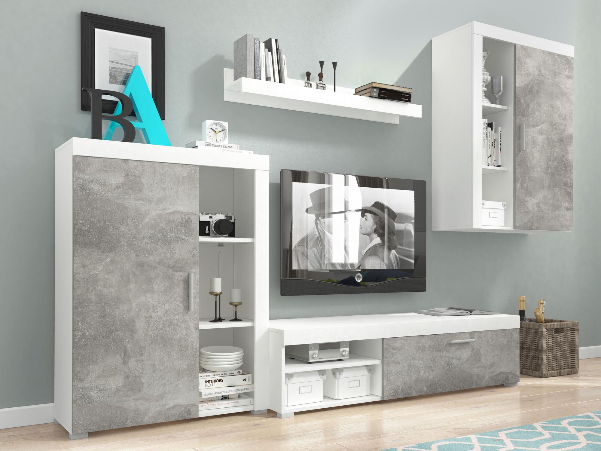 Mur TV OLIVIA 3 portes blanc/gris marbre