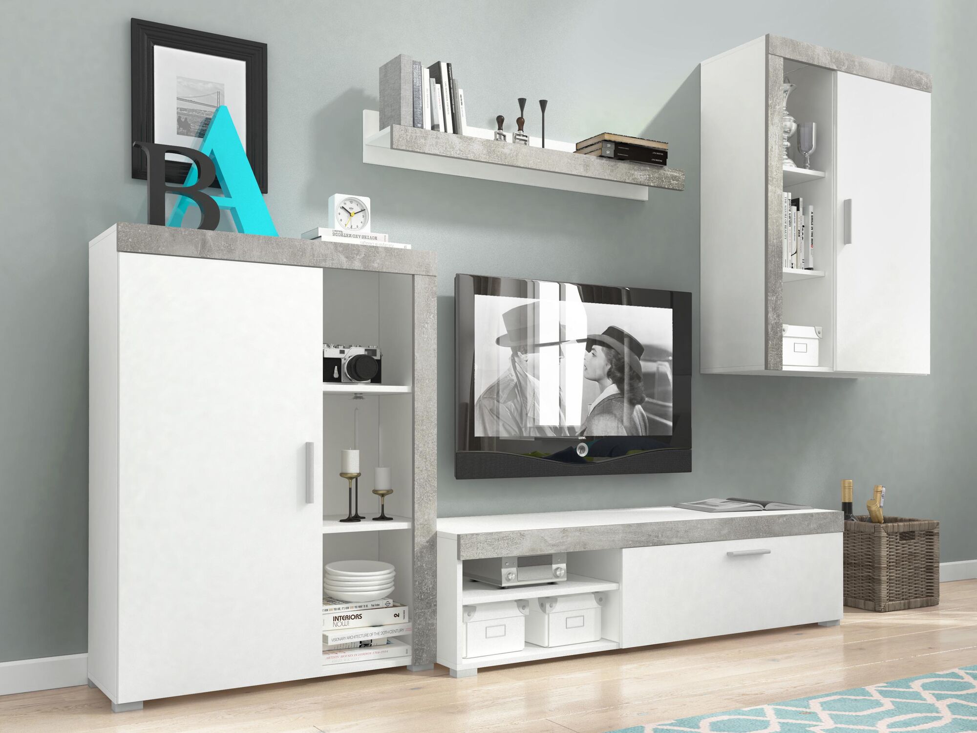 Mur TV OLIVIA 3 portes blanc/béton