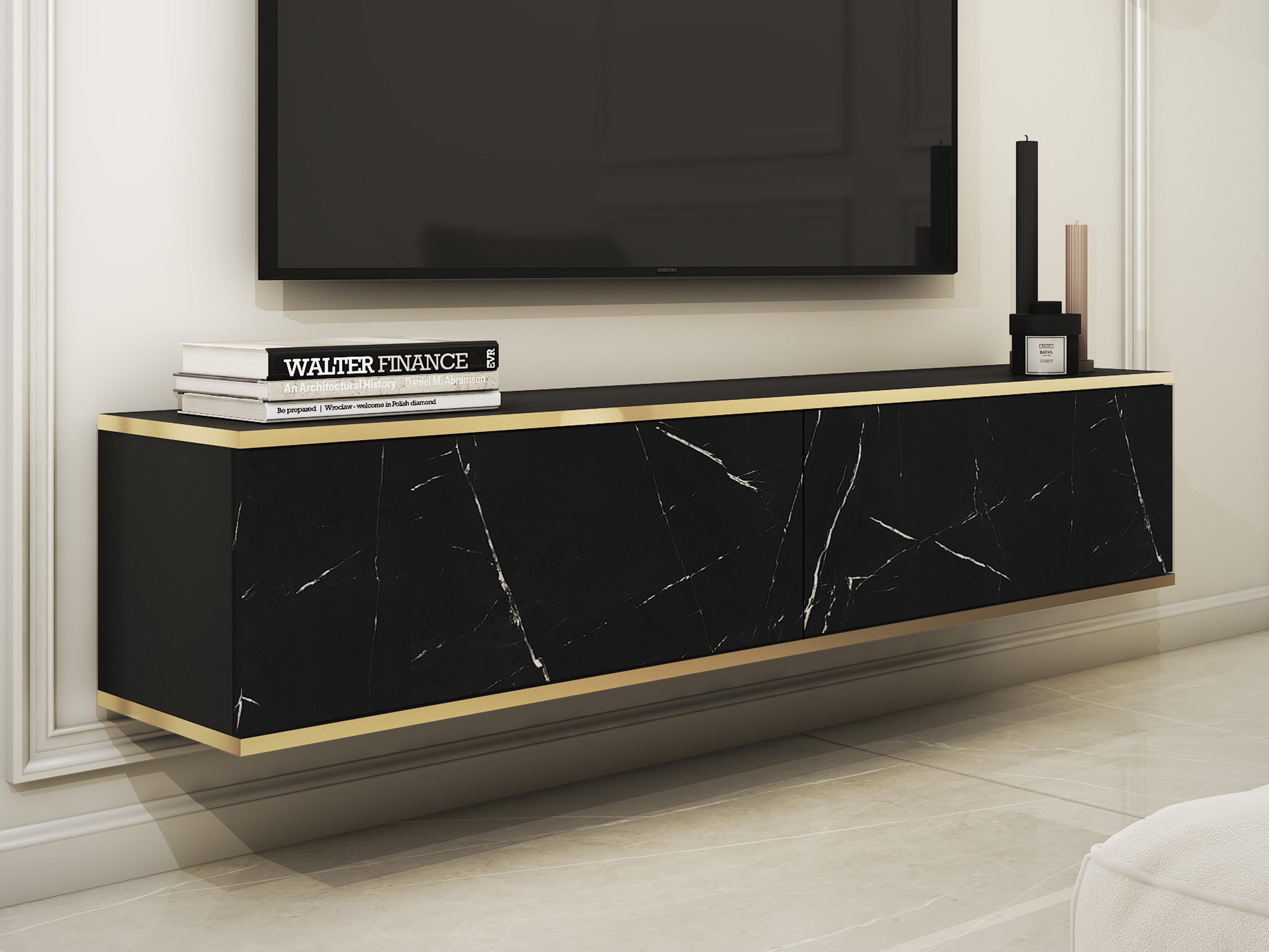 Meuble tv-hifi OROKI 2 portes battantes noir/noir marbre royal