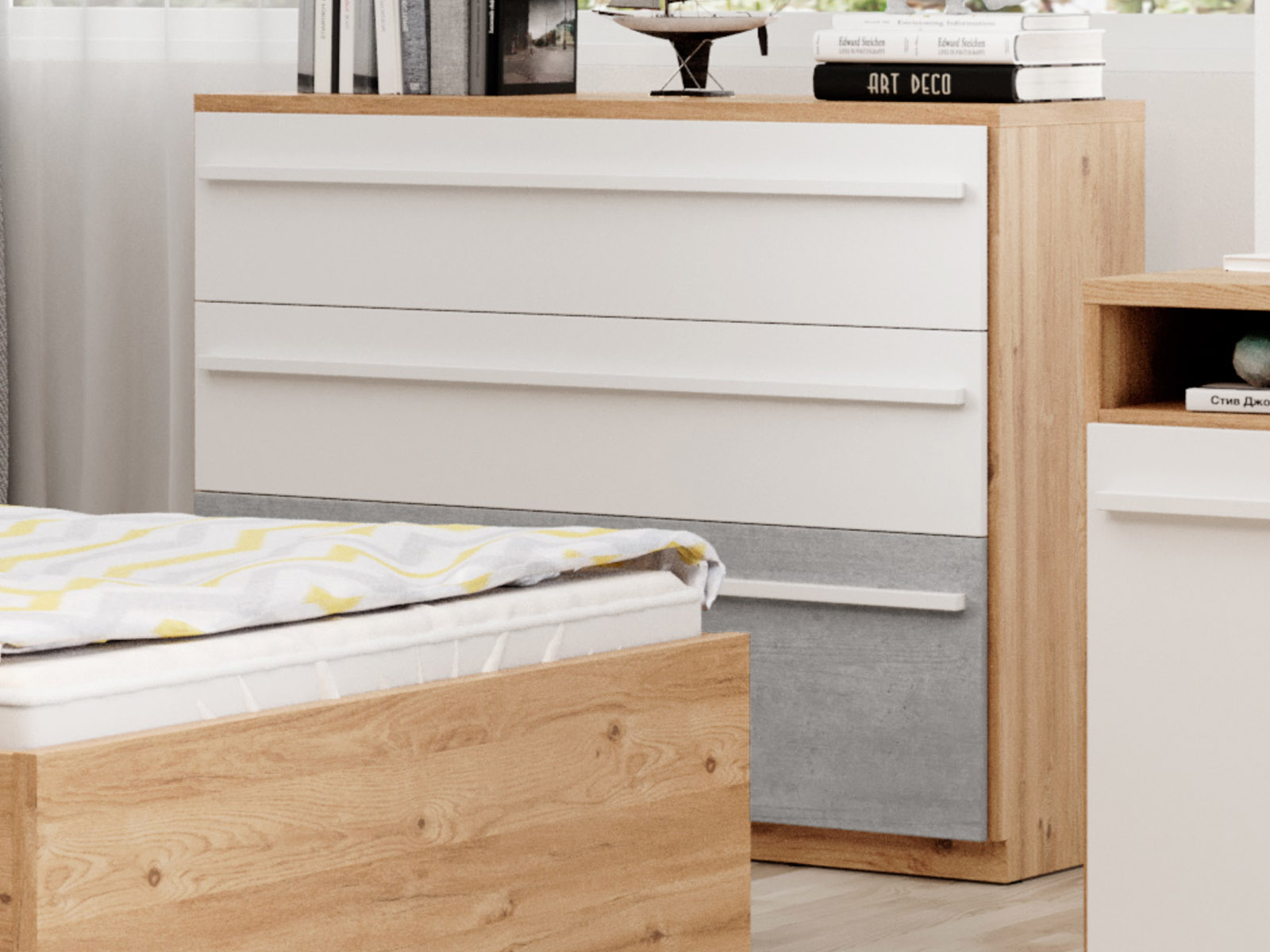 Commode PLANITY 3 tiroirs chêne nash/blanc/béton