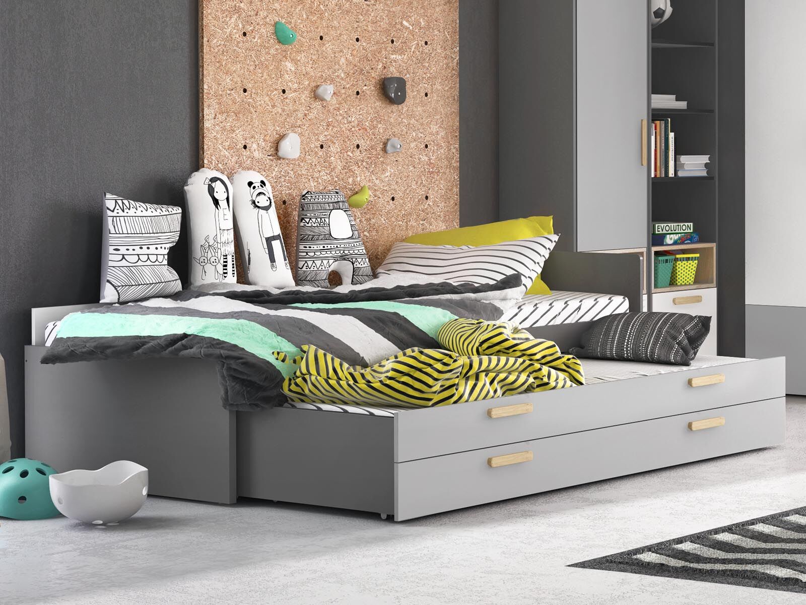 Lit PIKA 90x200 cm graphite/gris clair avec tiroir et lit-tiroir
