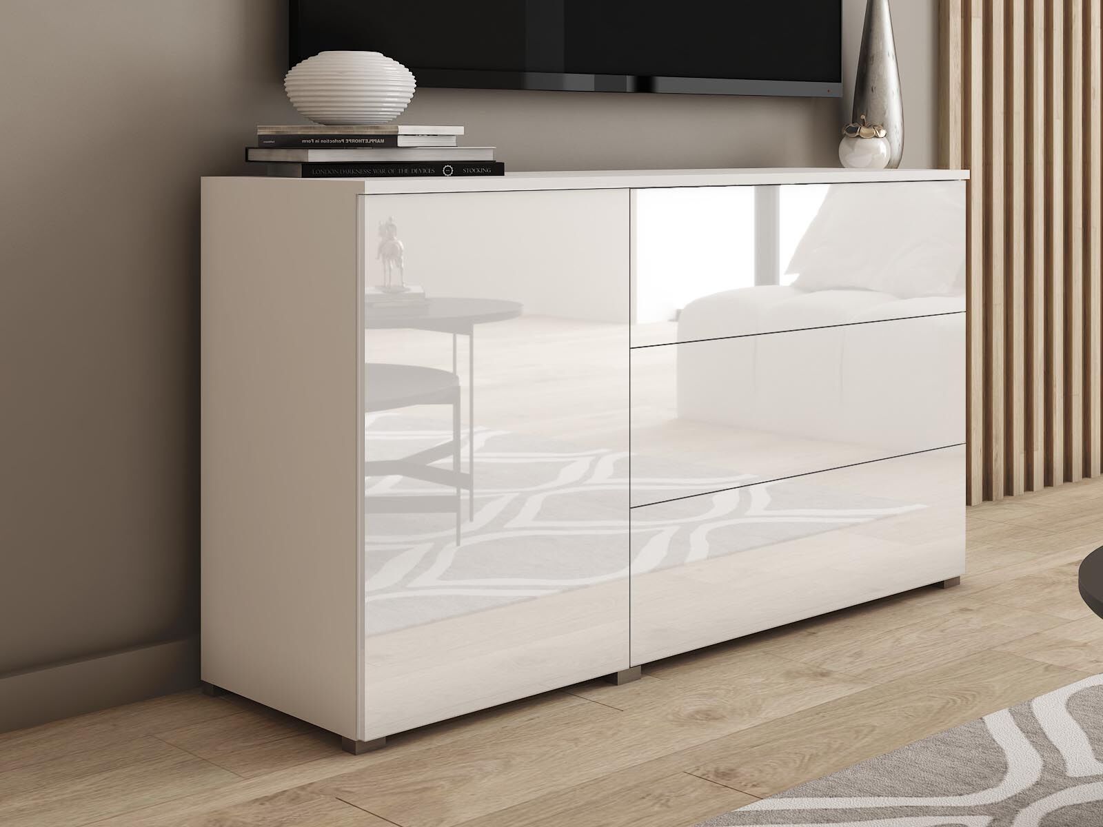 Buffet/bahut PARLO 1 porte 3 tiroirs blanc/blanc brillant