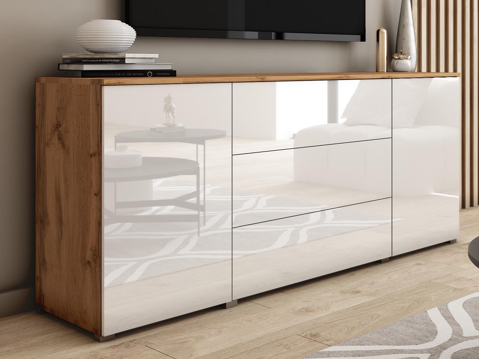 Buffet/bahut PARLO 2 portes 3 tiroirs chêne wotan/blanc brillant