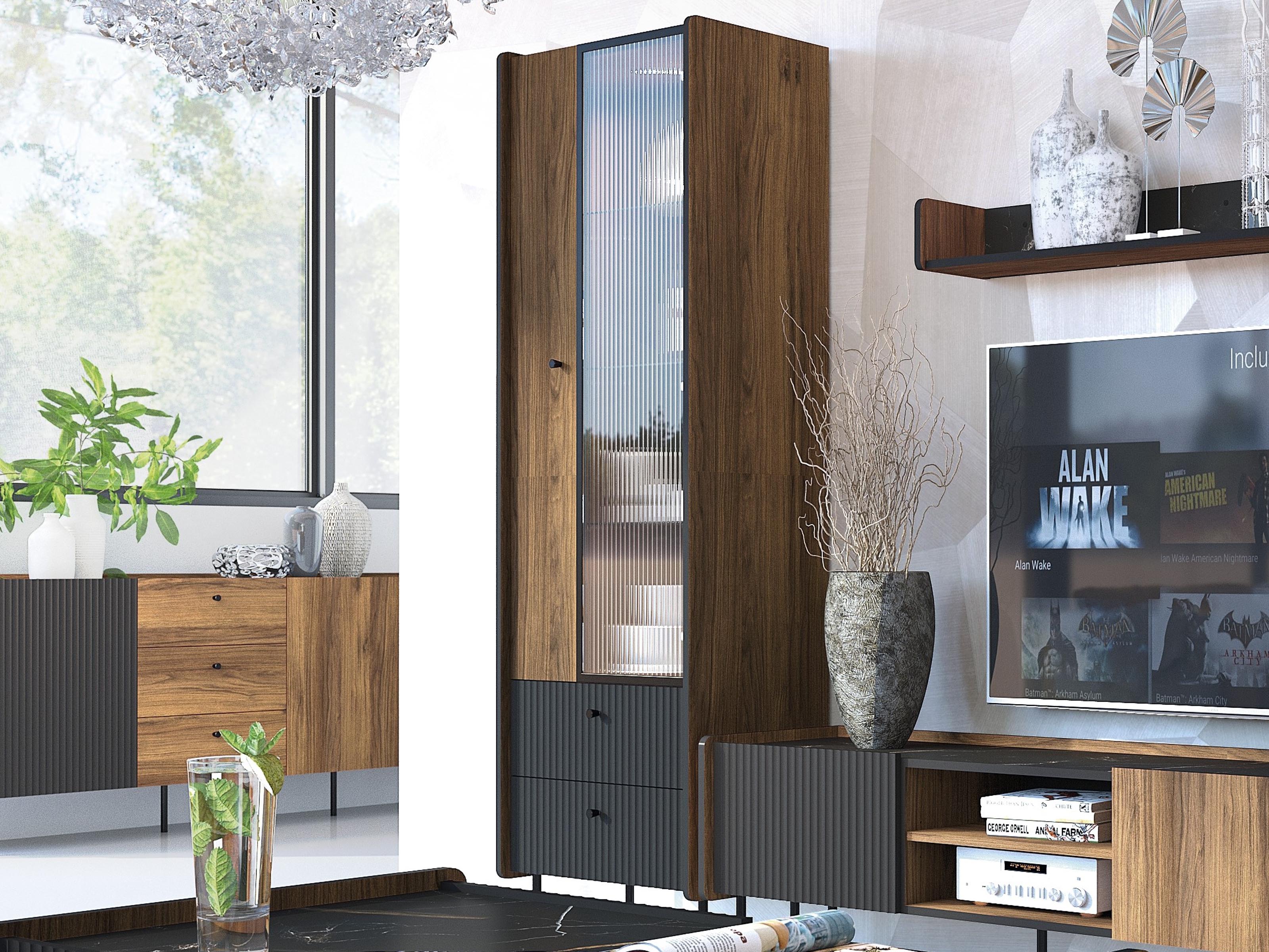 Colonne PRESTIGIA 2 portes 2 tiroirs noir/noix warmia avec led