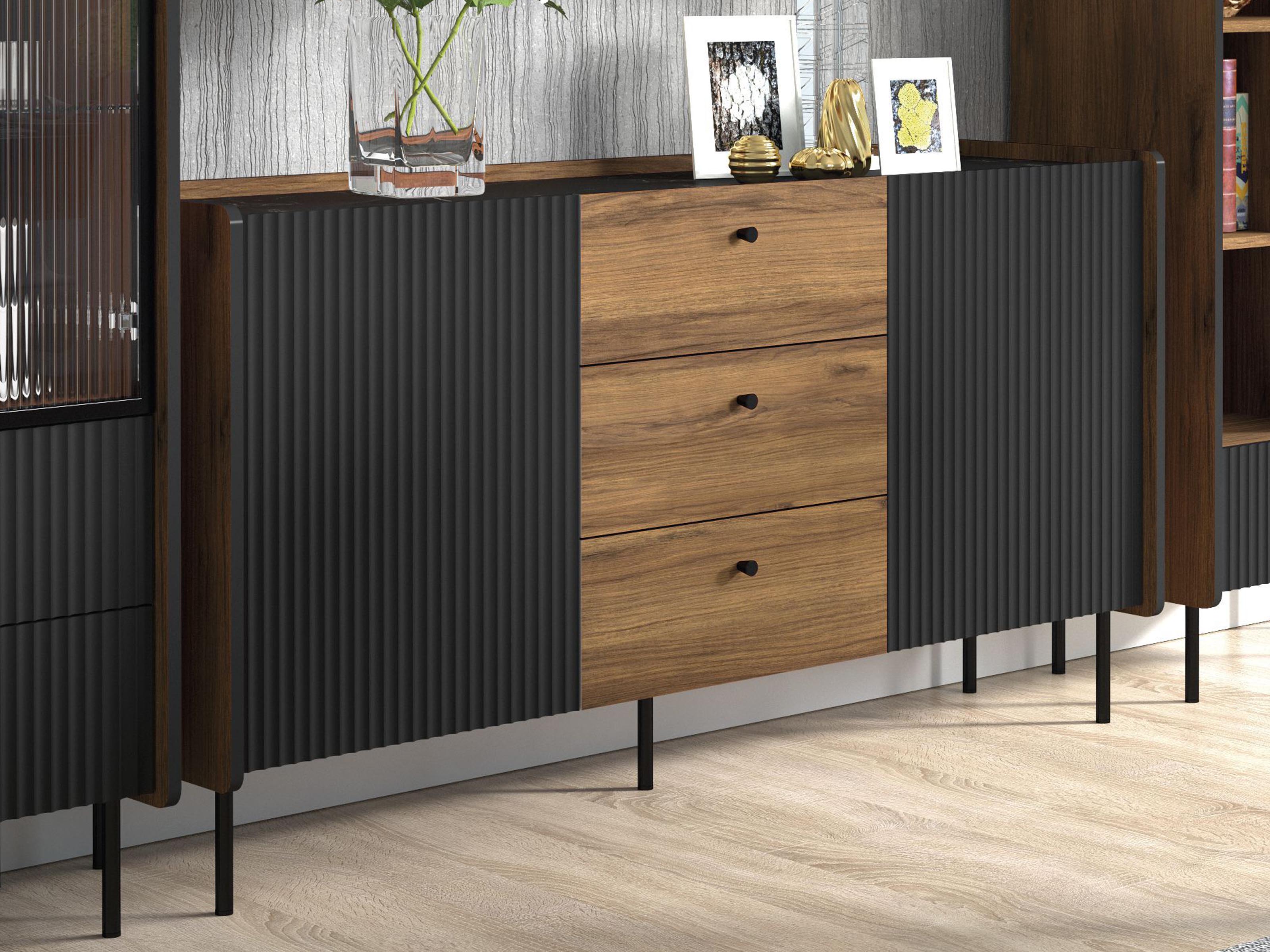 Buffet/bahut PRESTIGIA 2 portes 3 tiroirs noir/noix warmia