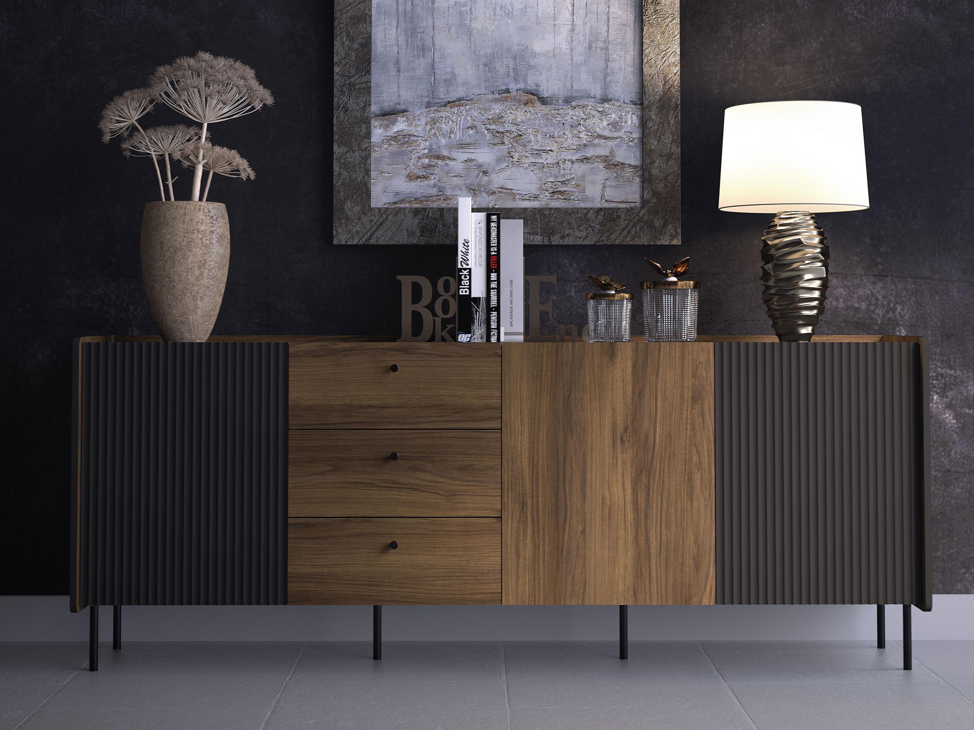 Buffet/bahut PRESTIGIA 3 portes 3 tiroirs noir/noix warmia