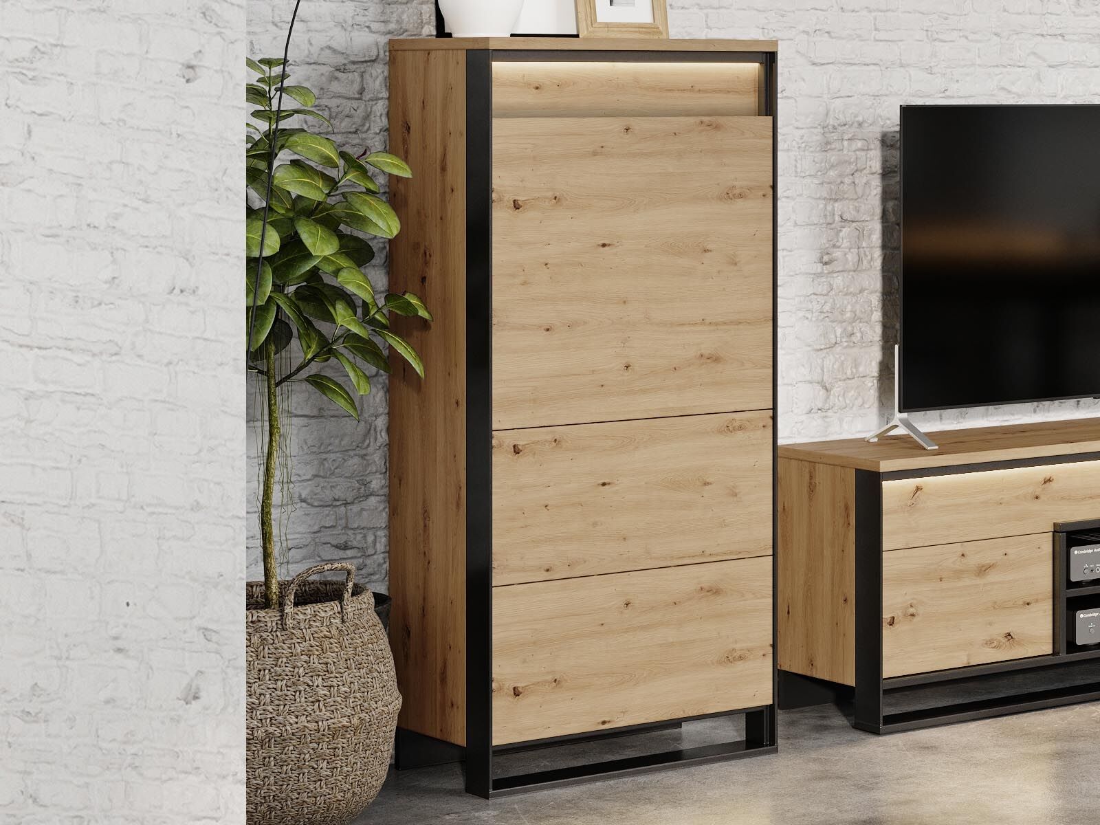 Colonne QUANTINO 1 porte chêne artisan/noir avec led