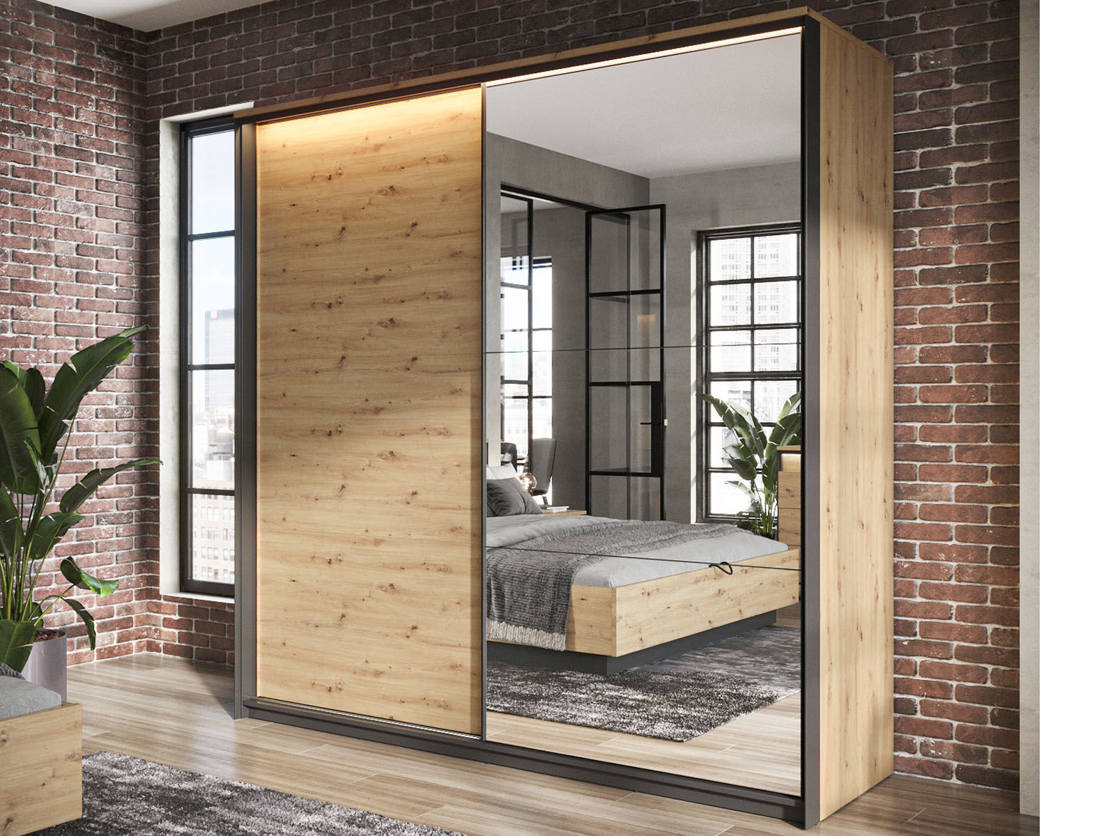 Armoire QUANTINO 2 portes coulissantes chêne artisan/noir