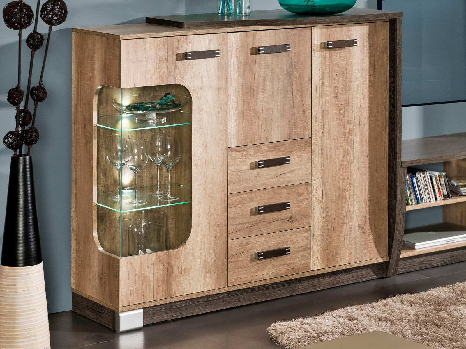 Armoire ROMERIO 3 portes 3 tiroirs gauche chêne canyon/arusha