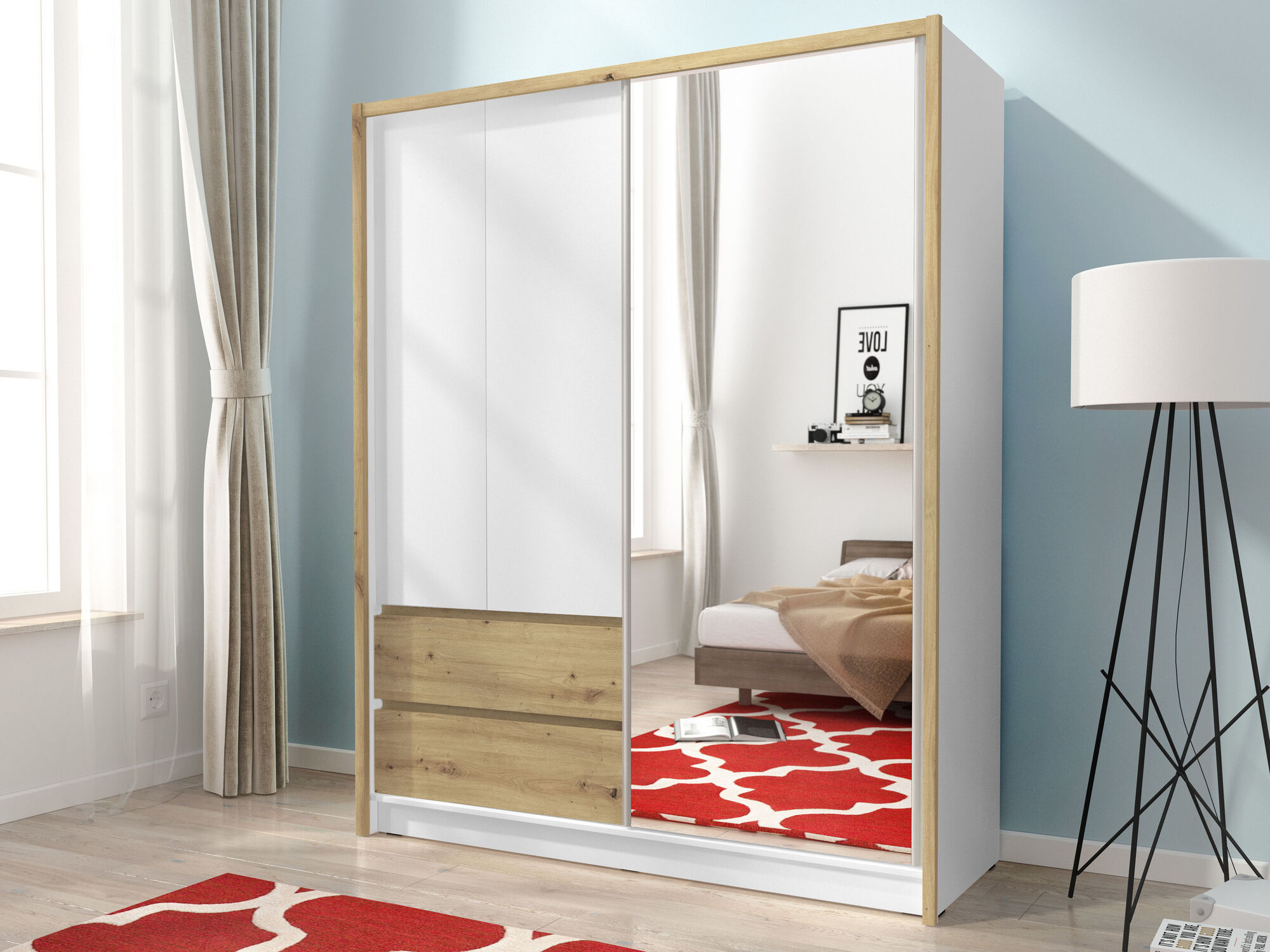 Armoire SARATOS 3 portes 2 tiroirs 150 cm blanc/chêne artisan