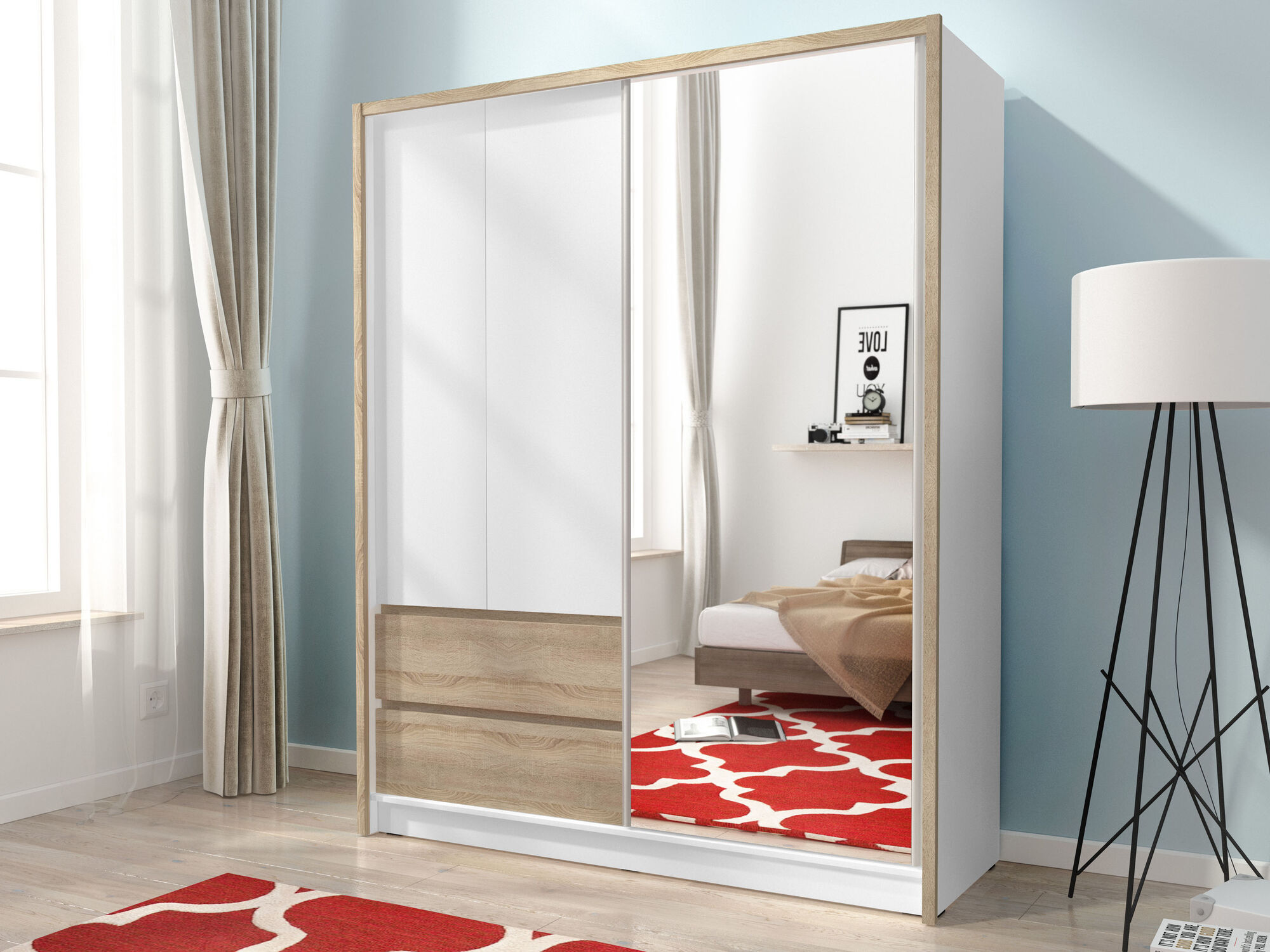 Armoire SARATOS 3 portes 2 tiroirs 150 cm blanc/sonoma