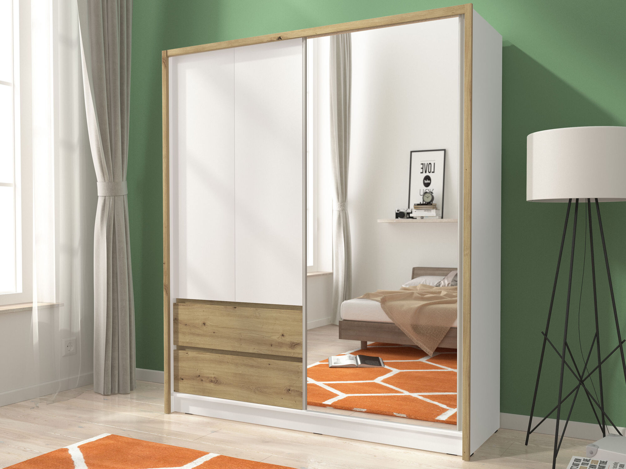 Armoire SARATOS 3 portes 2 tiroirs 180 cm blanc/chêne artisan