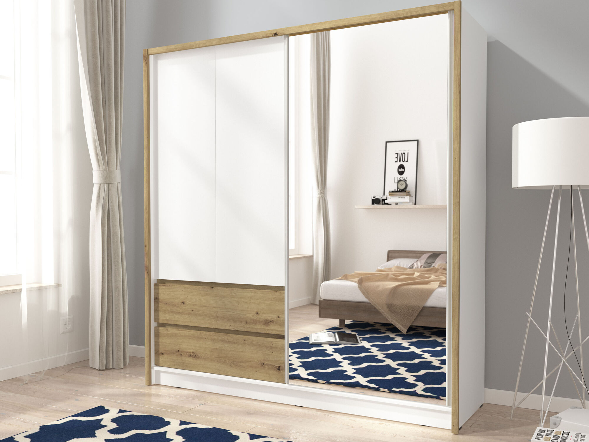 Armoire SARATOS 3 portes 2 tiroirs 200 cm blanc/chêne artisan