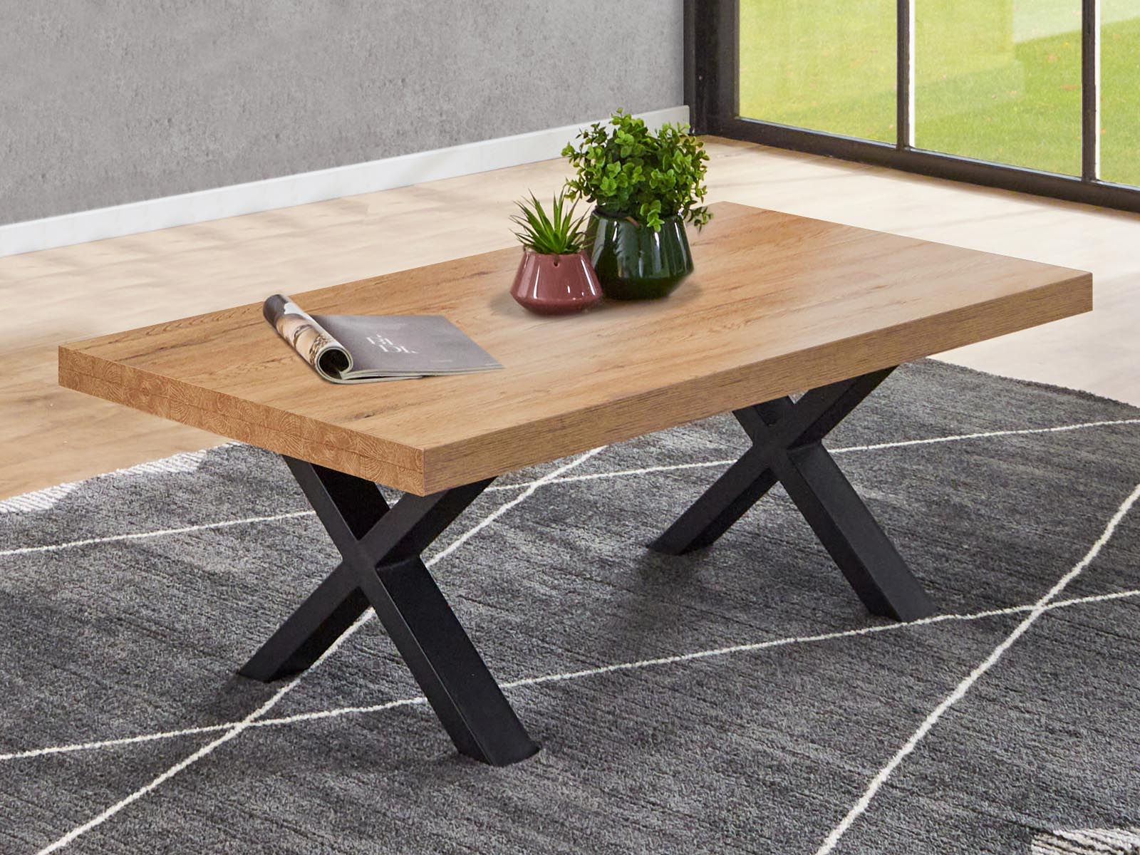 Table basse LIEZE 130 cm chêne scarlet avec pieds en X