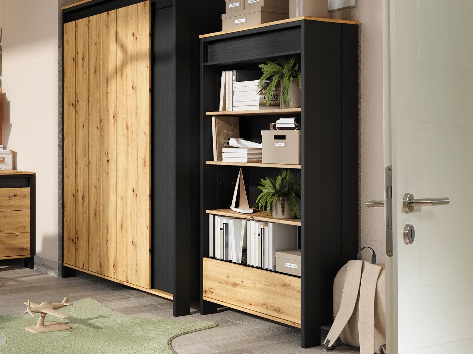 Bibliothèque SPLIT 4 niches 1 tiroir noir/chêne artisan