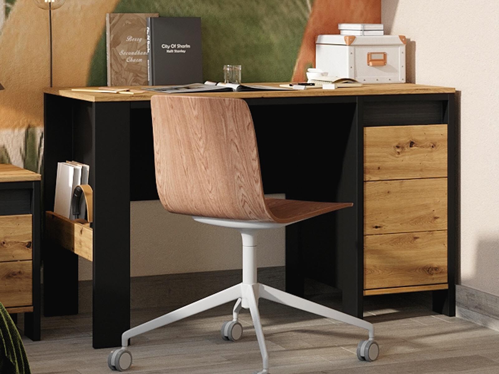 Bureau SPLIT 1 porte 1 tiroir noir/chêne artisan