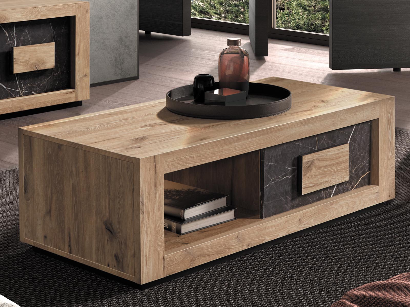 Table basse SACHOURI 1 tiroir chêne canyon/marbre