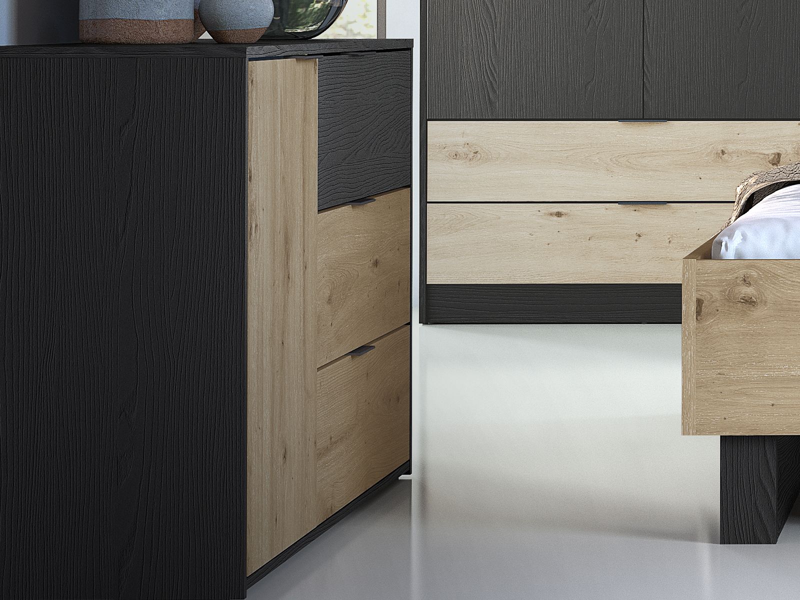 Commode UMPAL 1 porte 3 tiroirs graphite/chêne artisan