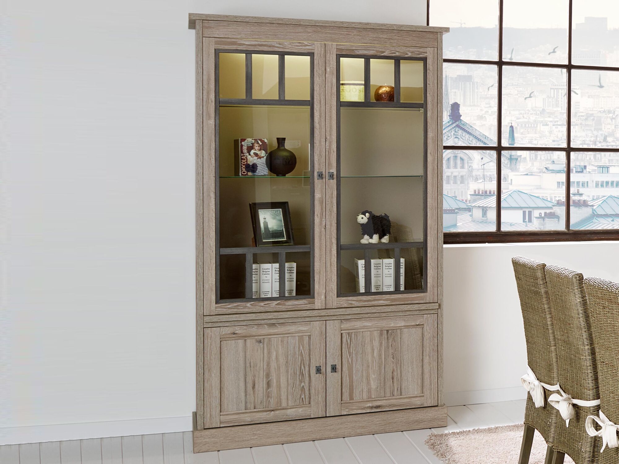 Vitrine YORKO 4 portes chêne cristal clair