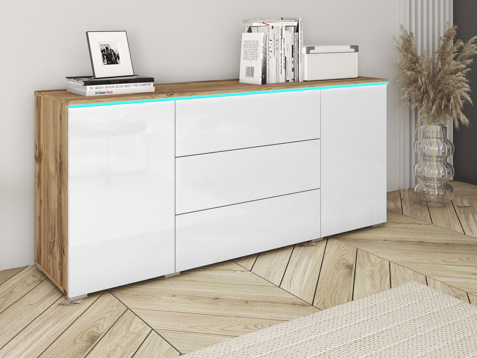 Buffet/bahut VITTORIO 2 portes 3 tiroirs chêne wotan/blanc brillant avec led