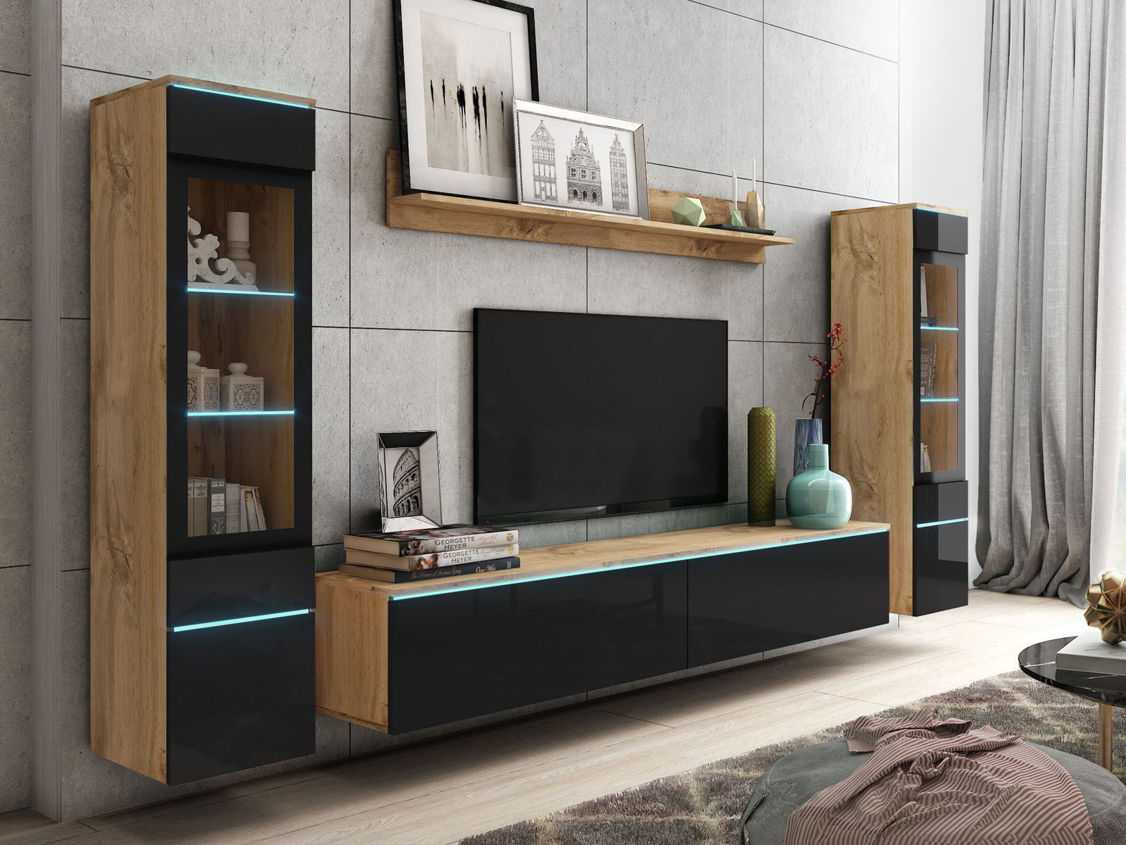 Mur tv-hifi VITTORIO 6 portes chêne wotan/noir brillant avec led