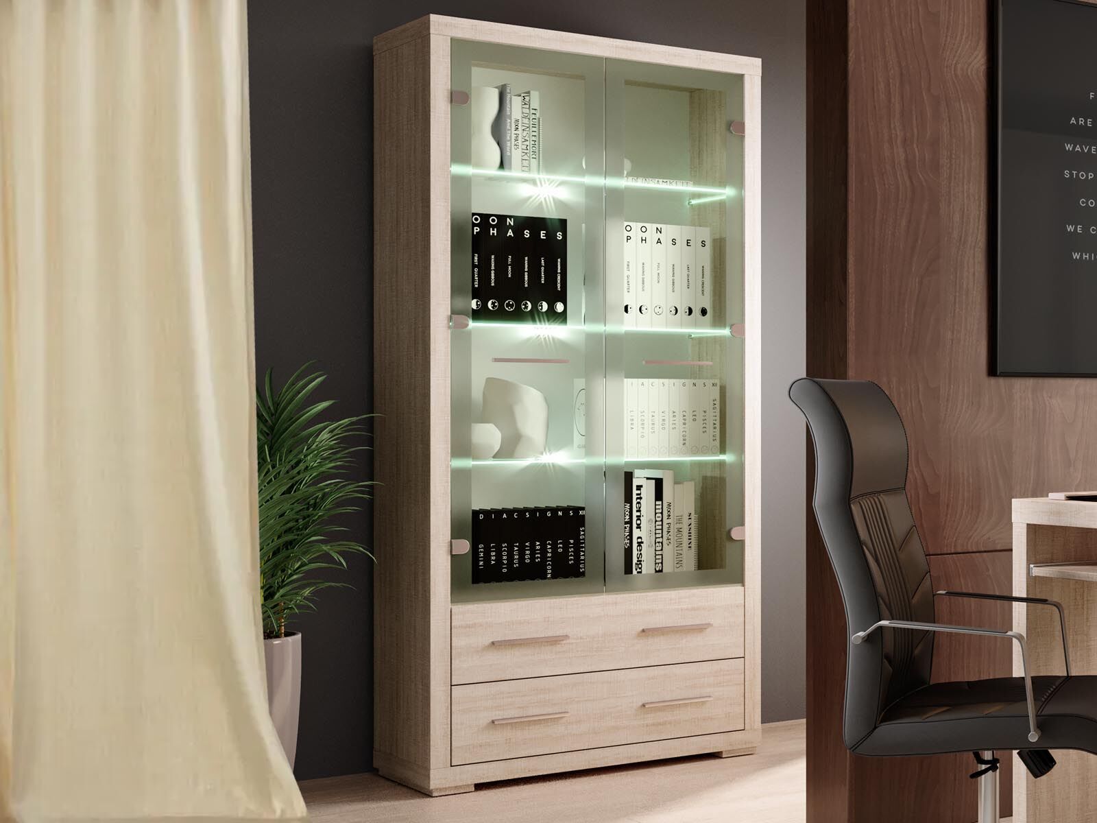 Vitrine VEIGAR 2 portes 2 tiroirs santana clair avec led