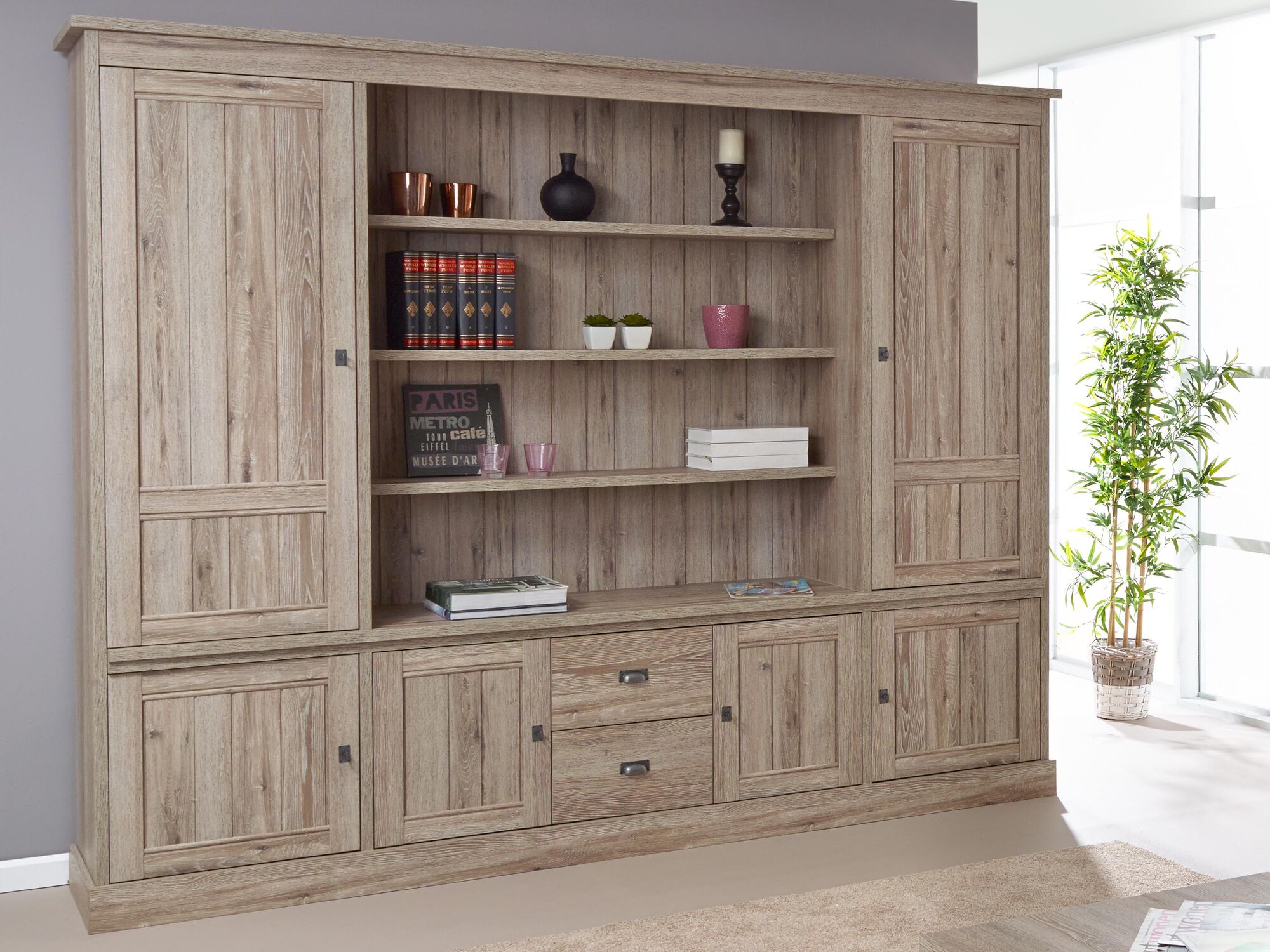 Armoire YORKO 6 portes 2 tiroirs chêne cristal clair