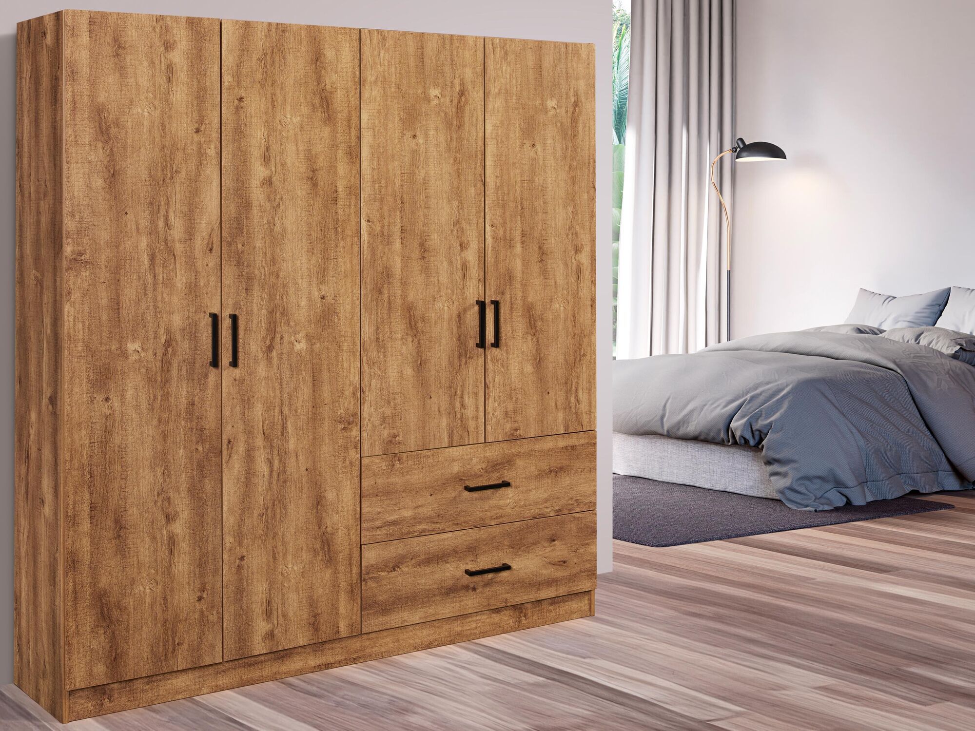 Armoire WILLY 4 portes 2 tiroirs chêne denver