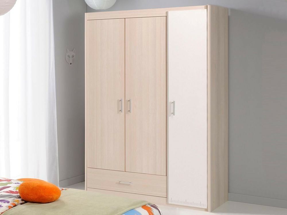 Armoire CARL 3 portes et 1 tiroirs acacia fumé/blanc