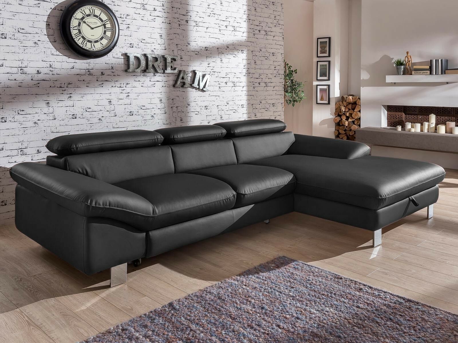 Canapé convertible DODGE avec méridienne droite éco-cuir noir