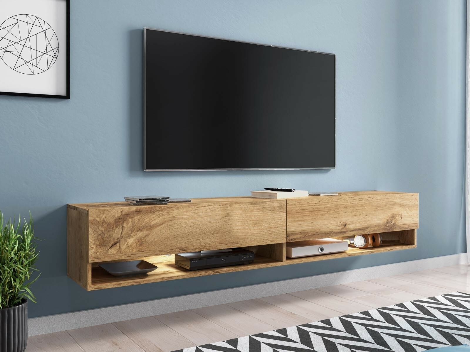 Meuble tv-hifi ACAPULCO 2 portes battantes 180 cm chêne wotan avec led
