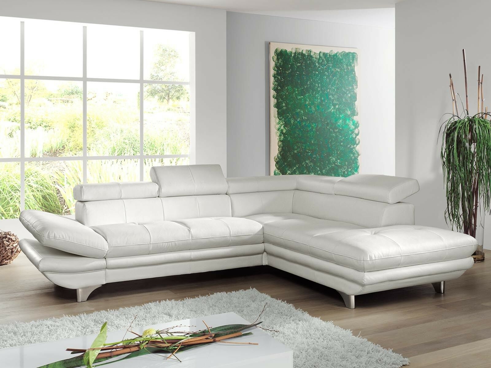 Canapé convertible ENTOURAGE d’angle avec méridienne droite éco-cuir blanc