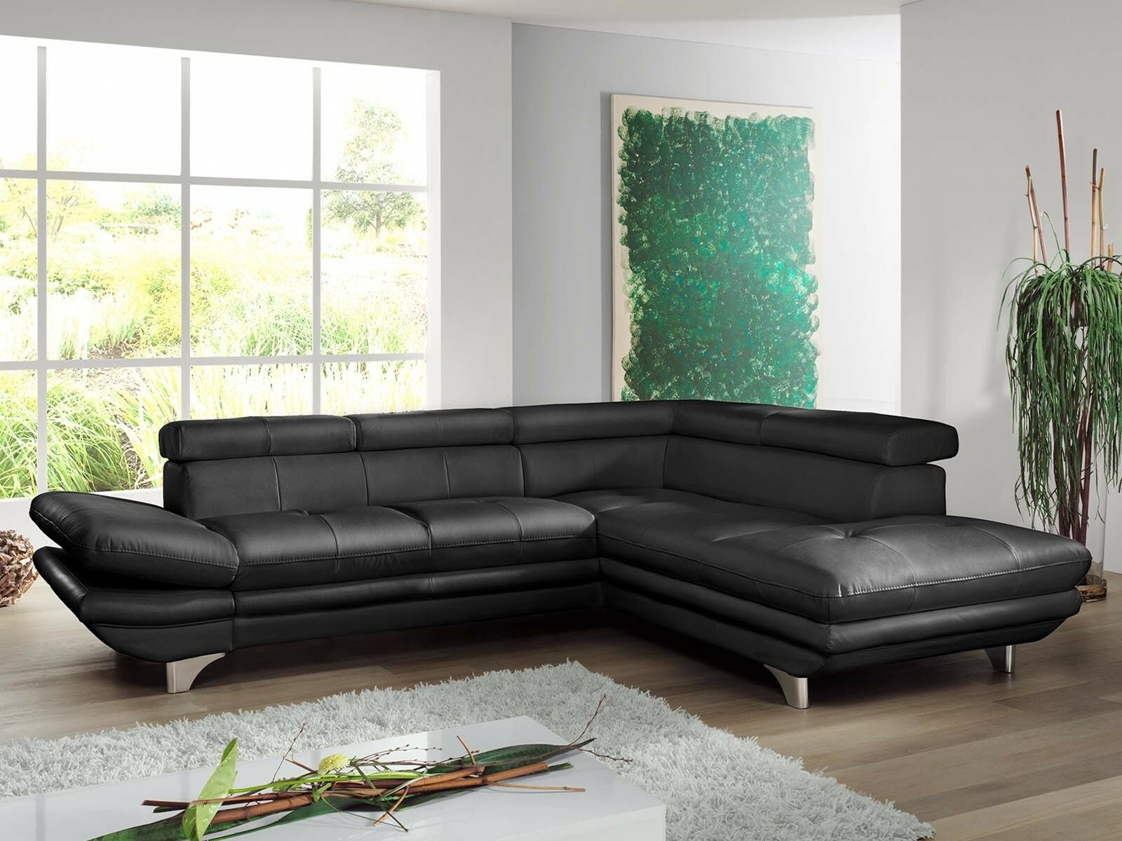 Canapé convertible ENTOURAGE d’angle avec méridienne droite éco-cuir noir