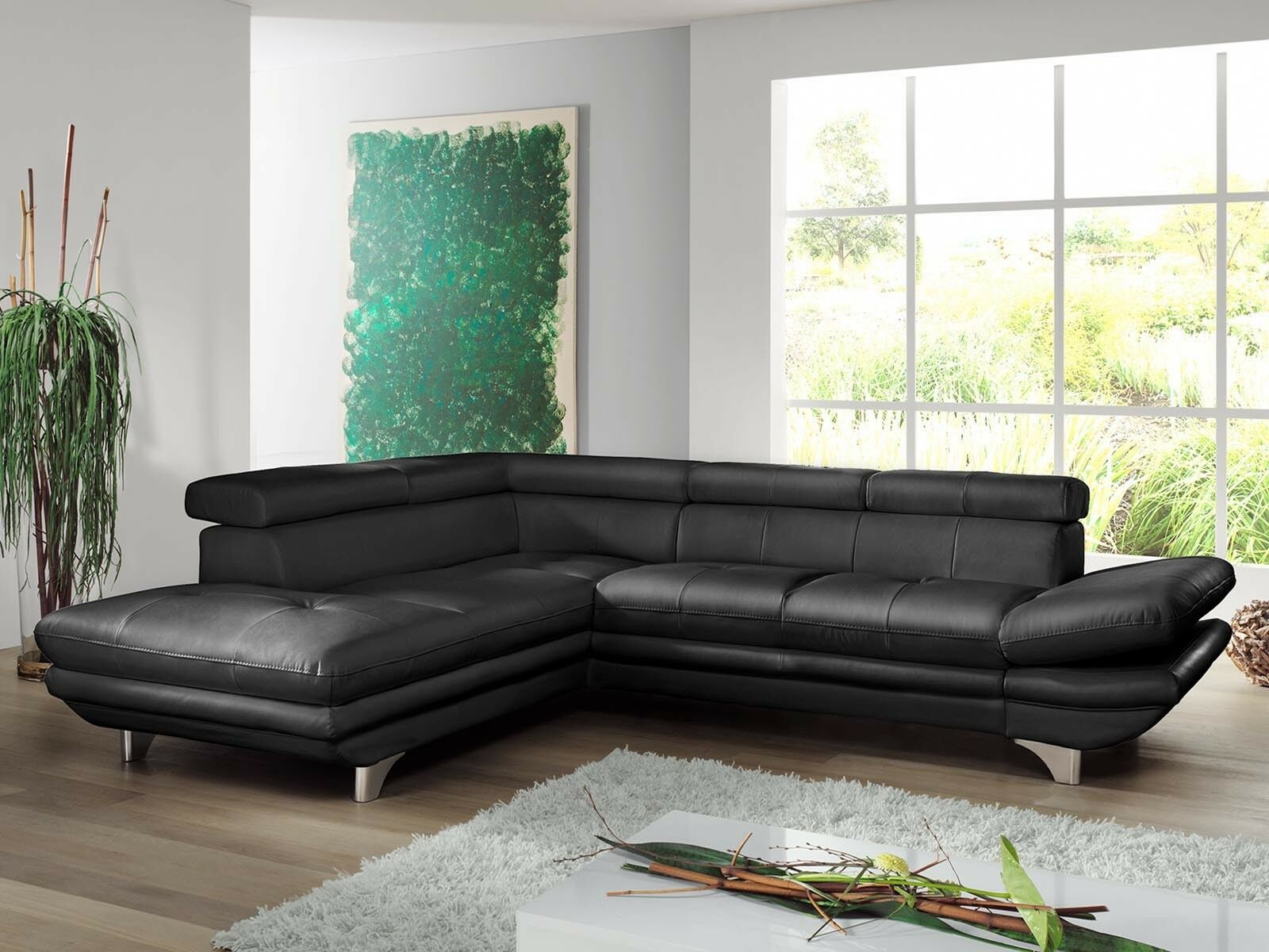 Canapé convertible ENTOURAGE d’angle avec méridienne gauche éco-cuir noir