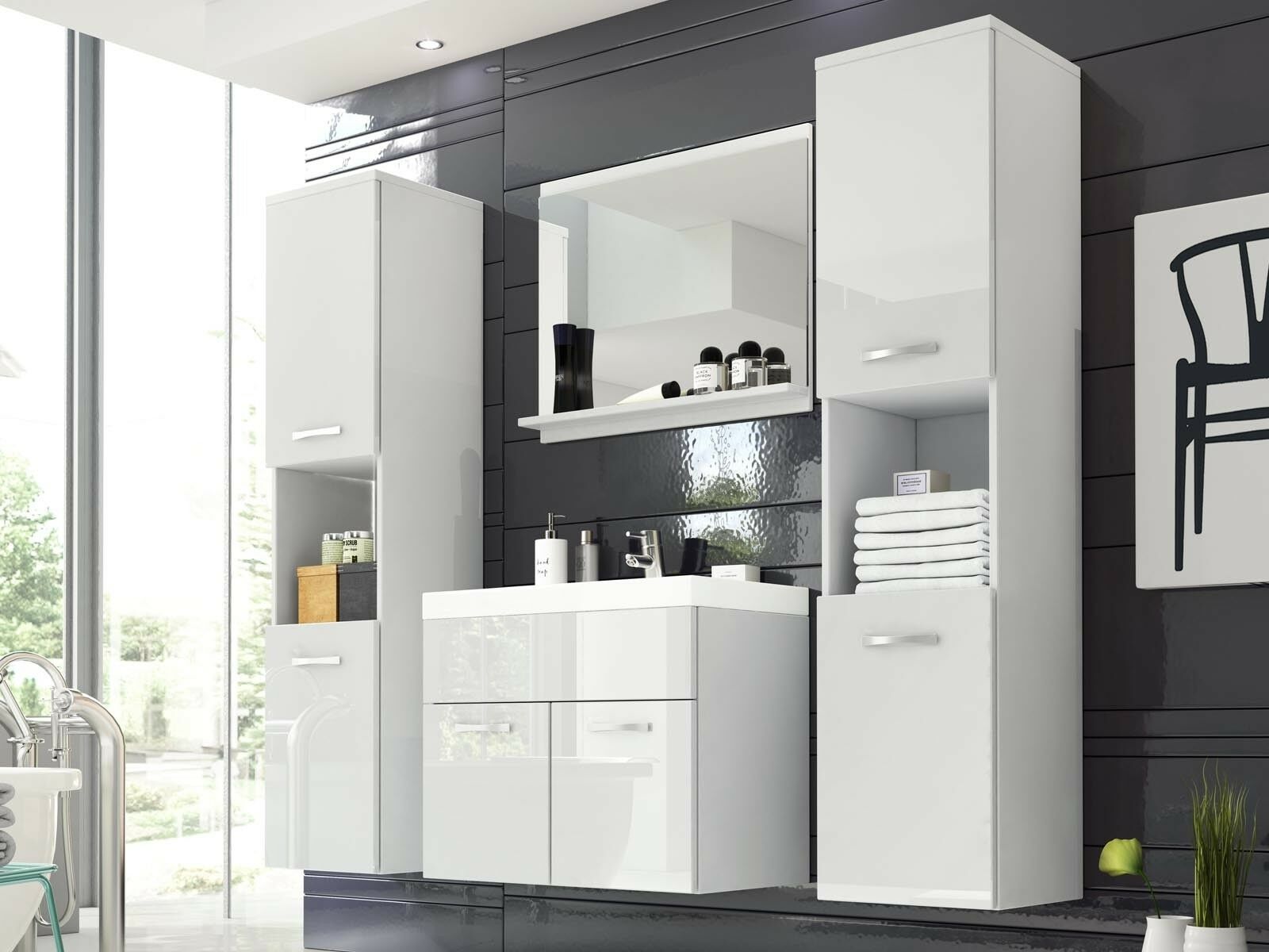 Salle de bain complète MONTELIO 6 portes blanc/blanc laqué avec vasque