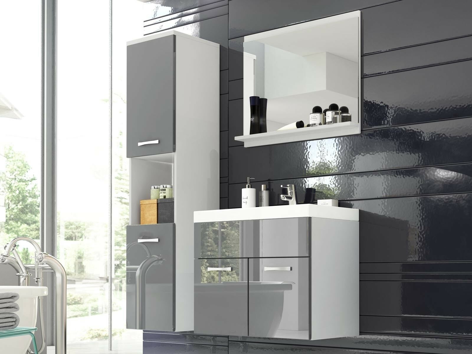 Salle de bain complète MONTELIO 4 portes blanc/gris laqué avec vasque