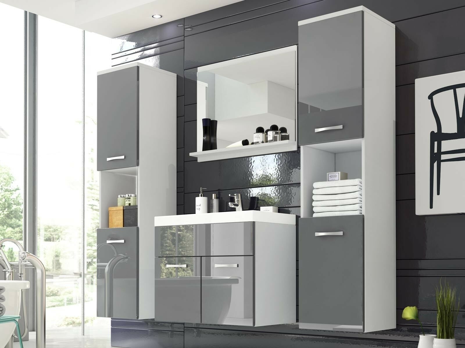Salle de bain complète MONTELIO 6 portes blanc/gris laqué avec vasque