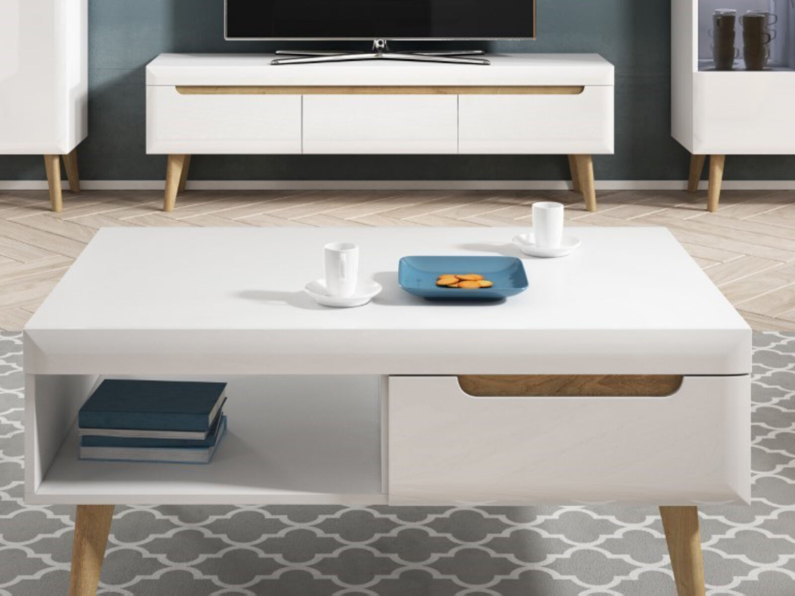 Table basse NORDO 1 tiroir 1 niche blanc/blanc brillant