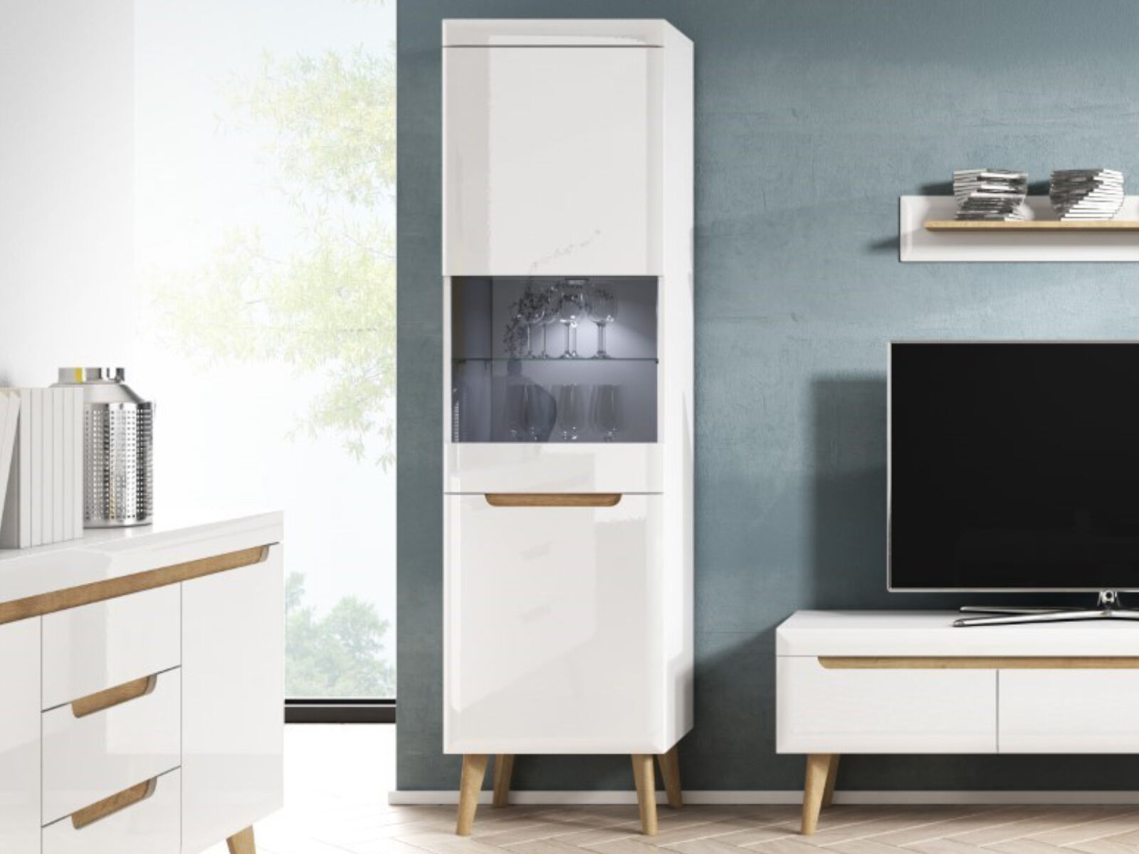 Colonne NORDO 1 porte blanc/blanc brillant avec led