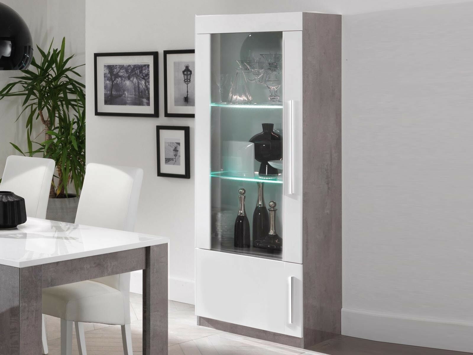 Vitrine GRENADE 2 portes marbre laqué/blanc laqué avec led