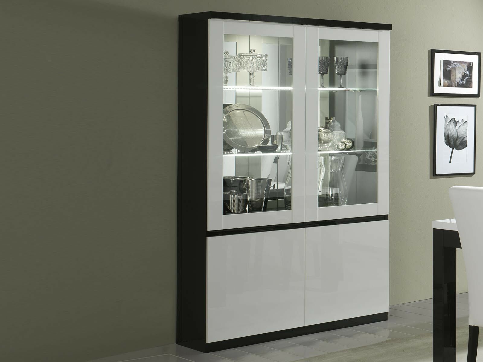 Vitrine ROMEO 4 portes noir laque/blanc laque avec led