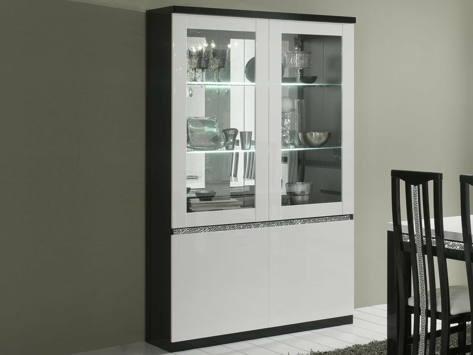 Vitrine REBECCA 4 portes noir laque/blanc laque avec led