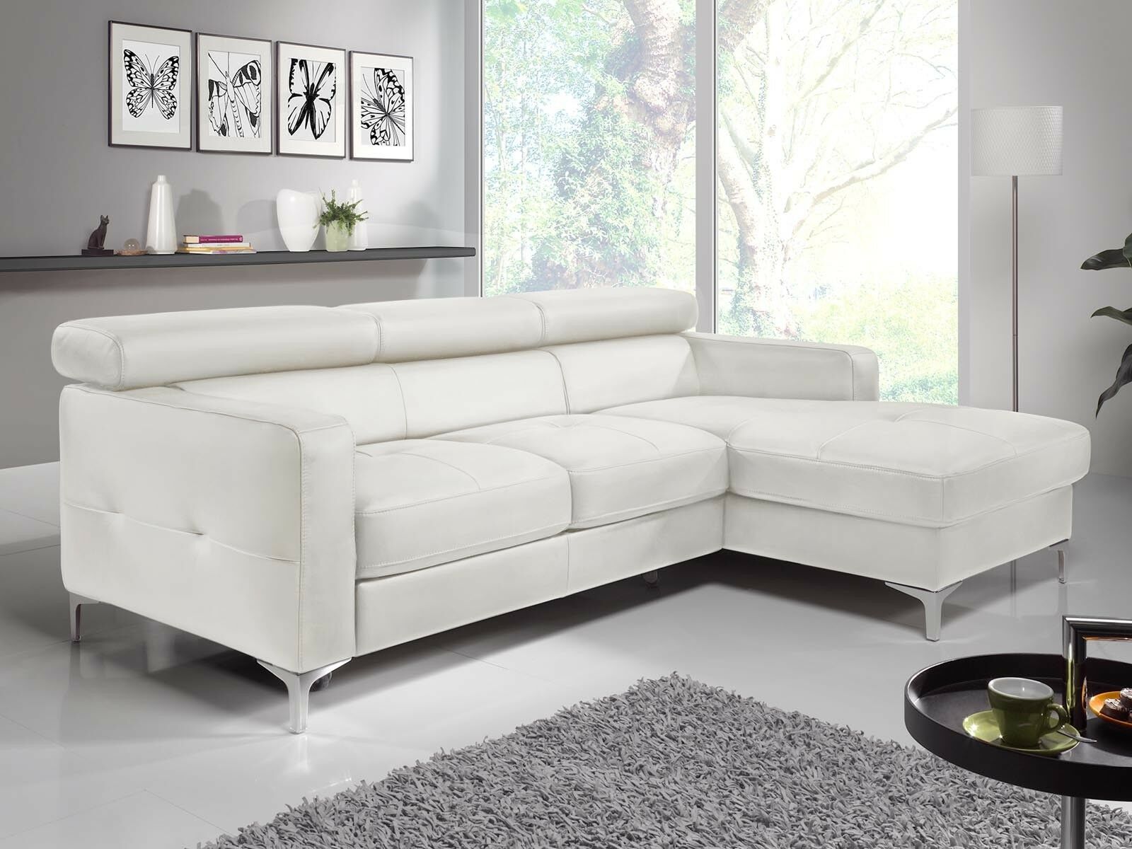 Canapé convertible SAMIRA avec méridienne droite éco-cuir blanc