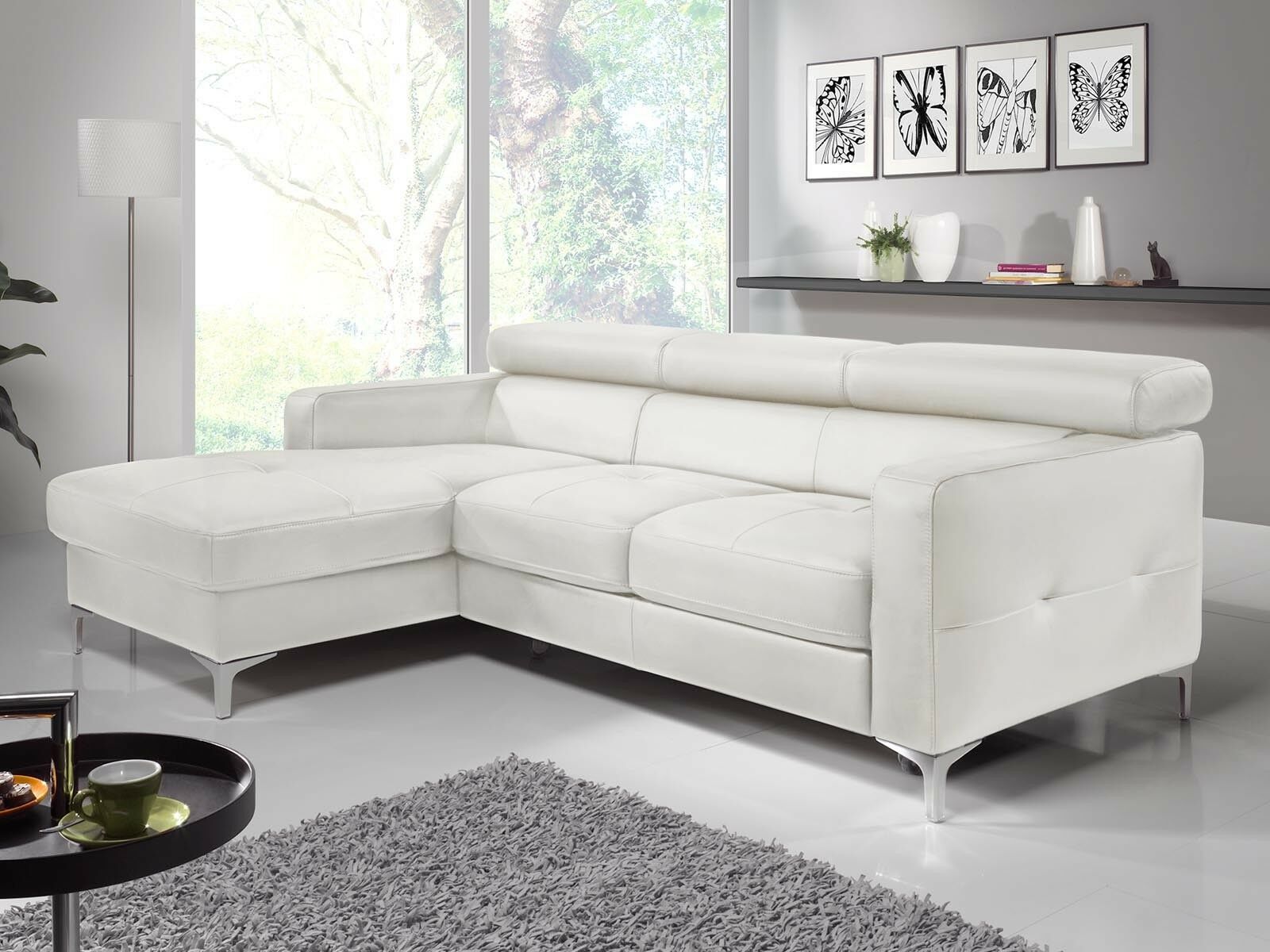 Canapé convertible SAMIRA avec méridienne gauche éco-cuir blanc