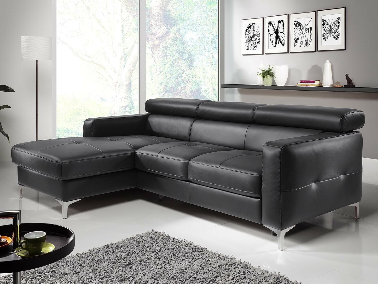 Canapé convertible SAMIRA avec méridienne gauche éco-cuir noir