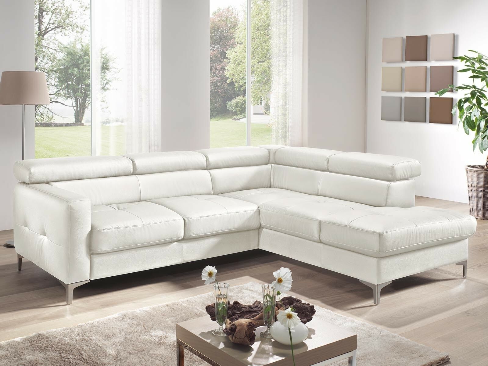 Canapé convertible SAMIRA d’angle avec méridienne droite éco-cuir blanc