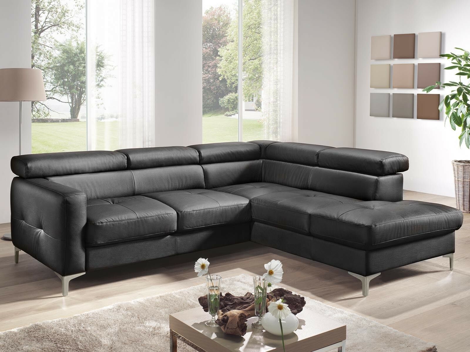 Canapé convertible SAMIRA d’angle avec méridienne droite éco-cuir noir