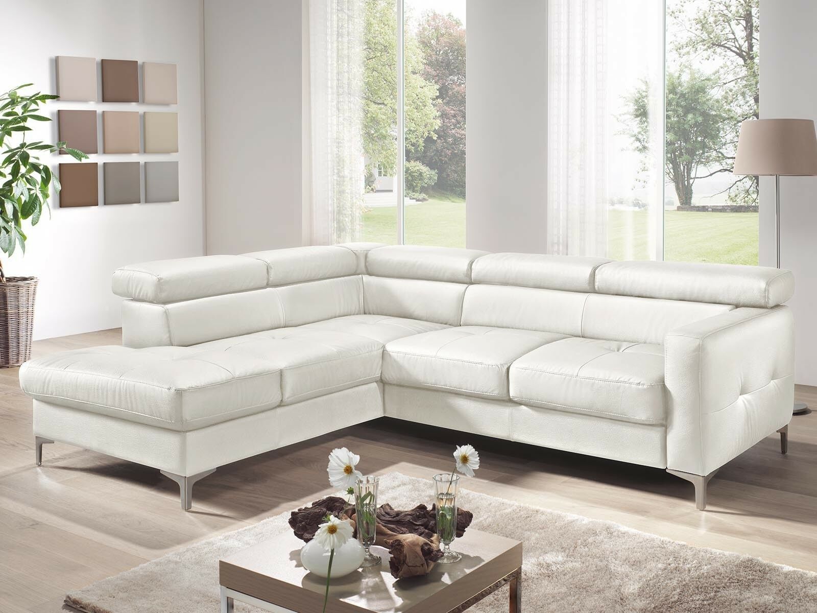 Canapé convertible SAMIRA d’angle avec méridienne gauche éco-cuir blanc